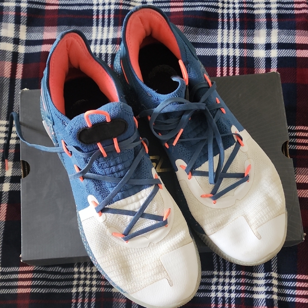Blue and White Under Armour Curry Basketball Shoes